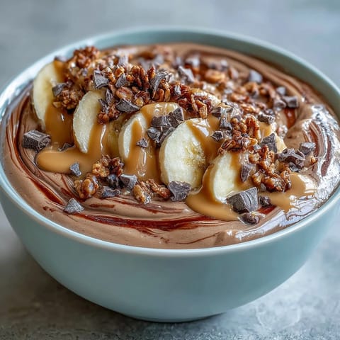 Spoon digging into a thick Chocolate Peanut Butter Smoothie Bowl with chopped dark chocolate and granola, showing creamy cocoa texture and frozen banana.
