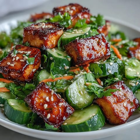 Creamy Asian Cucumber Salad with Crispy Tofu served in a white bowl with vibrant carrots and sesame seeds.