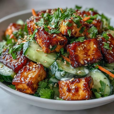 Golden crispy tofu cubes rest atop cool cucumbers and carrots tossed in a creamy sesame-ginger dressing.