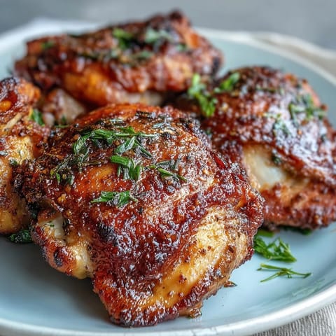 Close-up shot of Crispy Baked Bone-In Chicken Thighs revealing smoky paprika seasoning, crunchy skin, and juicy dark meat texture.