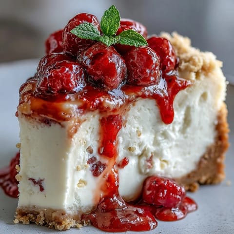 Freshly sliced Indulgent White Chocolate Raspberry Cheesecake Bliss reveals a creamy texture and vibrant red swirls on a graham cracker crust.