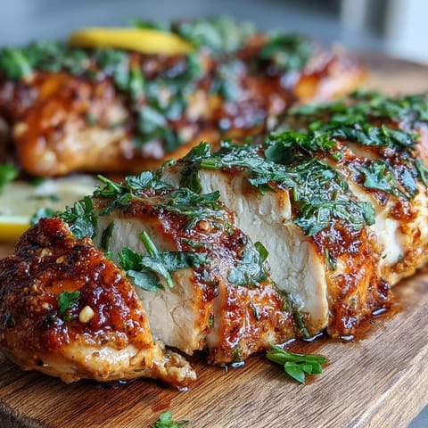 Golden brown Oven Baked Chicken Breast fresh from the oven with herbs and lemon.