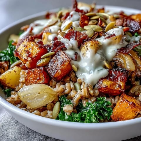 A vibrant bowl with wilted kale, toasted pumpkin seeds, and a creamy tahini dressing for a cozy winter meal.