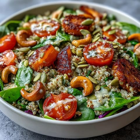 Vibrant Rainbow Salad Bowl brimming with chickpeas, quinoa, and crunchy nuts, tossed in a zesty lemon dressing for a nutritious meal.