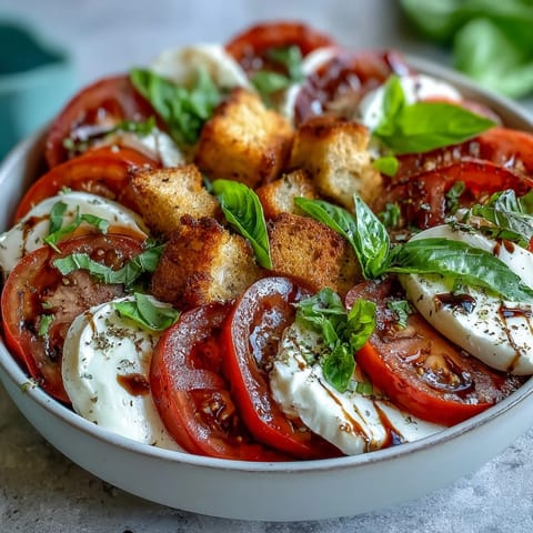 Freshly toasted ciabatta cubes and creamy mozzarella ball pearls garnish this vibrant Caprese Salad Bowl with tomatoes and basil.