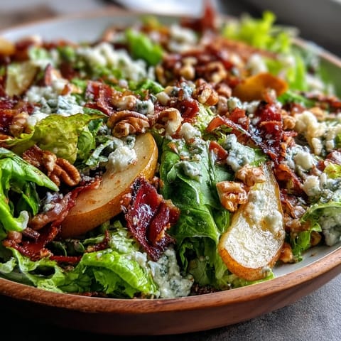 Crispy prosciutto and crumbled blue cheese top a vibrant Frisée Pear Blue Cheese Bowl with sliced pears.