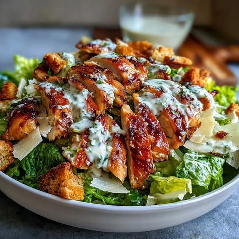 Sliced grilled chicken breast atop crisp romaine with Caesar Chicken Bowl and parmesan