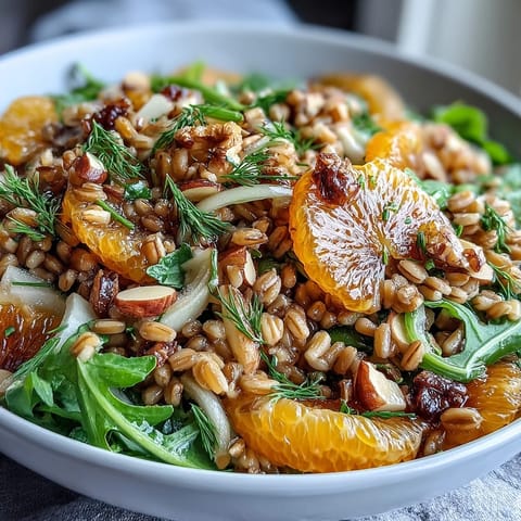 A close-up view of a vibrant Farro Salad Bowl with Fennel, Oranges & Almonds, featuring chewy grains and glistening citrus segments.