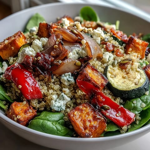 A warm salad bowl featuring roasted sweet potato and zucchini, wilted spinach, and quinoa with a vibrant vinaigrette.