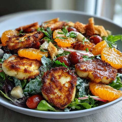Golden-brown fried halloumi and blood orange segments top a fresh Halloumi Blood Orange Fattoush salad with crispy croutons.