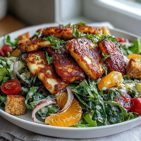 Bright citrus and fresh herbs highlight a vibrant Halloumi Blood Orange Fattoush served in a rustic white bowl.