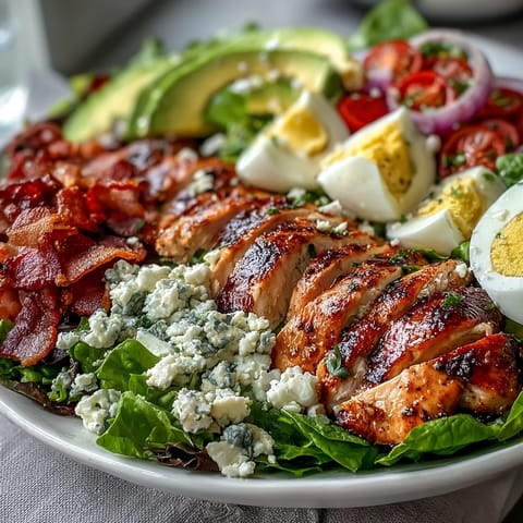 A hearty Cobb Salad Bowl with hard-boiled eggs, juicy tomatoes, and crumbled blue cheese, beautifully arranged over mixed greens and drizzled with creamy ranch.