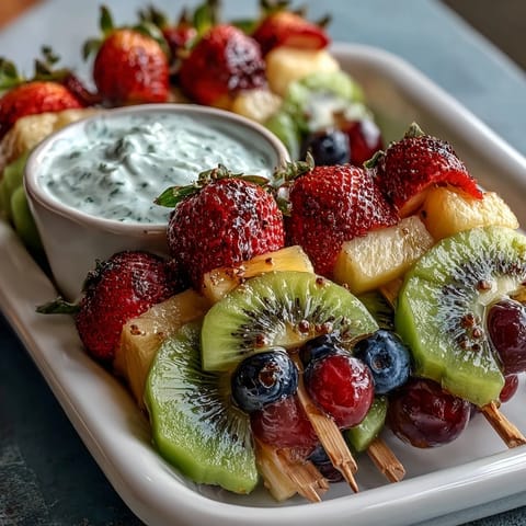 Vibrant bento box filled with colorful fruit skewers, creamy yogurt dip, and kid-friendly snacks, perfect for school lunches.