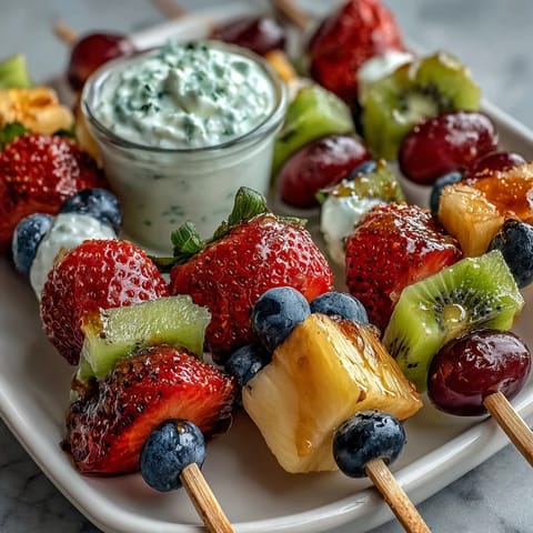 Fun kid lunch bento box featuring fresh fruit skewers, a sweet yogurt dip, and savory sandwich bites, ideal for picky eaters.