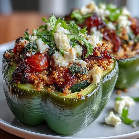 Vibrant stuffed bell peppers bursting with quinoa, herbs, and fresh vegetables, baked until tender and golden for a nourishing meal.