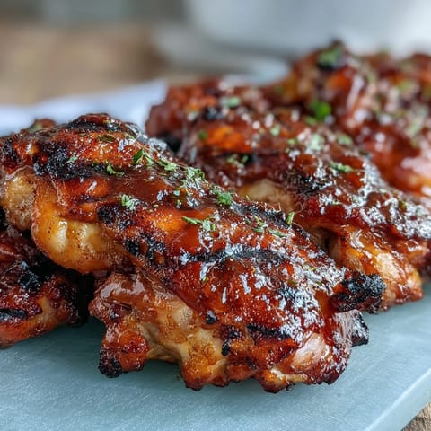 Honey garlic grilled chicken thighs with caramelized glaze sizzling on a hot grill.