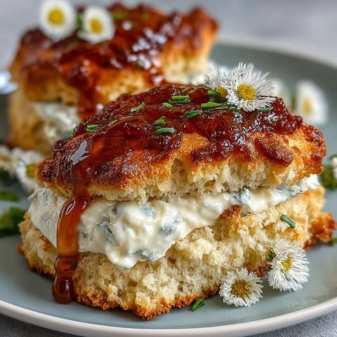 Warm, flaky scones sweetened with dandelion honey, served with a generous dollop of clotted cream for an indulgent British tea-time treat.