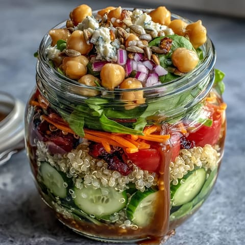 A colorful layered mason jar salad with fresh greens, quinoa, and cherry tomatoes ready for healthy meal prep.  