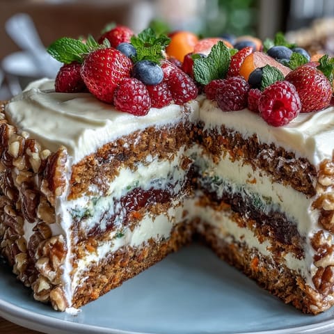 Festive Easter dessert table featuring carrot cake with cream cheese frosting, pavlova with fresh berries, and lemon tart for a bright spring spread.