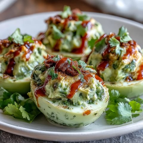 Creamy avocado deviled eggs with a spicy Sriracha drizzle, garnished with fresh cilantro and paprika.