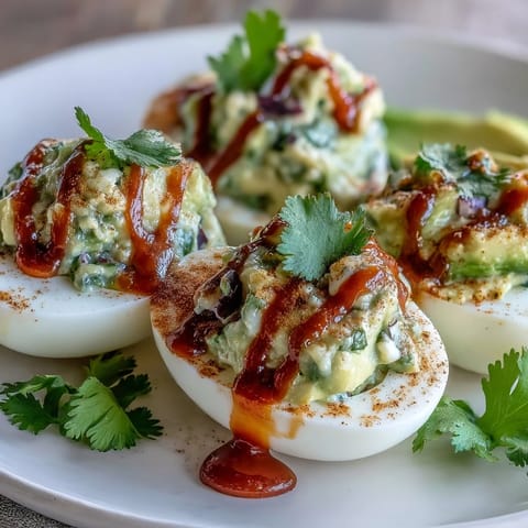 Vibrant deviled eggs filled with avocado-lime mash and topped with a fiery Sriracha kick for extra flavor.