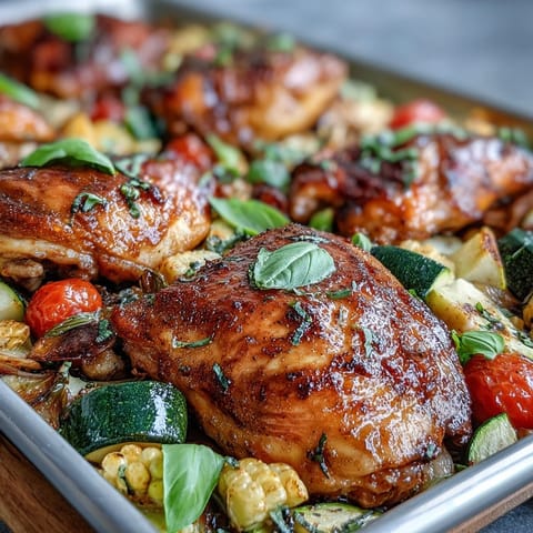 Sheet pan chicken with zucchini and corn, roasted to perfection with juicy chicken and colorful vegetables.