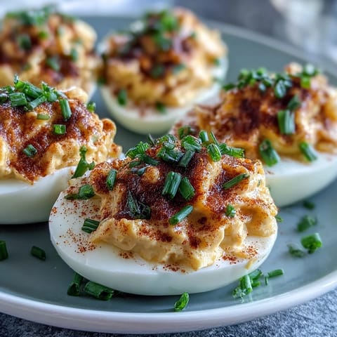 Classic deviled eggs with paprika and chives, creamy yolk filling piped into egg white halves for a perfect party appetizer.