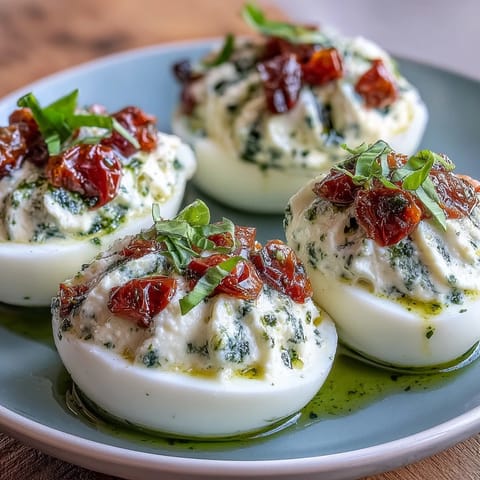 Artfully arranged Caprese Deviled Eggs, bursting with basil oil and fresh mozzarella.
