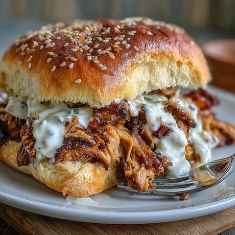 Tender, smoky pulled chicken generously topped with creamy white Alabama BBQ sauce.