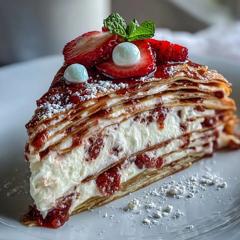 Mother's Day Crêpe Cake: Delicate layers filled with luscious strawberry mascarpone cream.