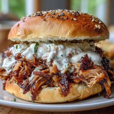 Juicy smoked pulled chicken sandwiches with signature white BBQ sauce piled high.