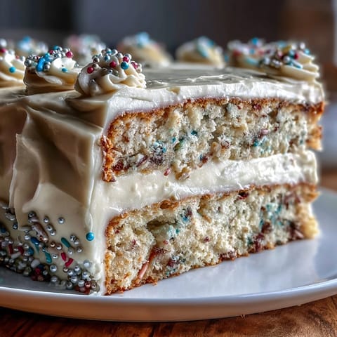 Class of 2026 Confetti Cake, a vibrant, sprinkle-filled dessert with smooth champagne frosting.