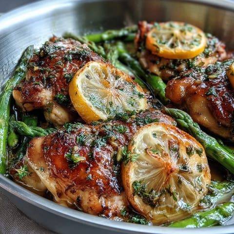 Golden roasted One-Pan Lemon Herb Chicken and Asparagus, ready for serving.