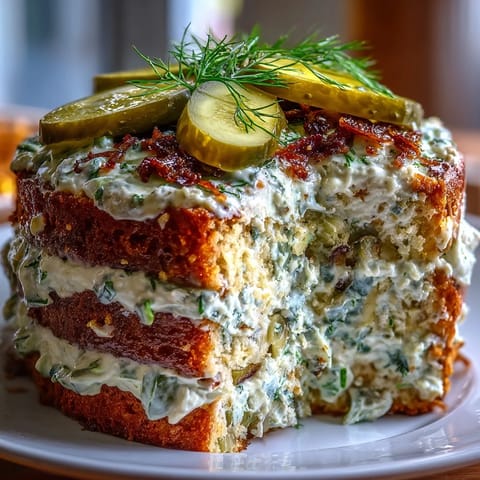 Moist Pickle Cake layers topped with a tangy, creamy dill frosting, sliced.