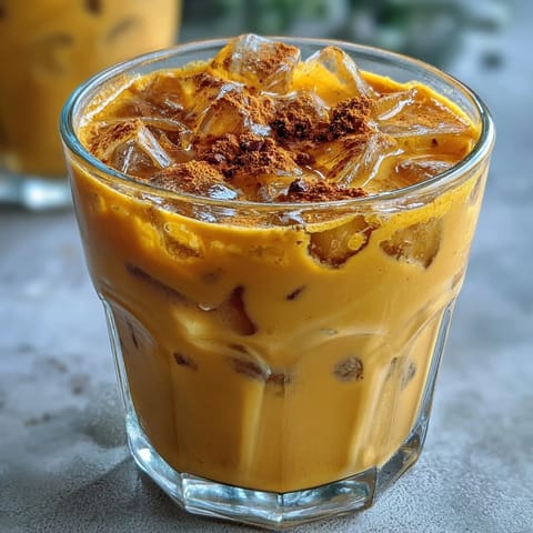Close-up of vibrant Turmeric Golden Milk Iced Latte on a bright surface.