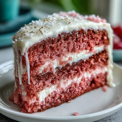 Beautiful pink velvet cake with decadent cream cheese frosting and gold accents.