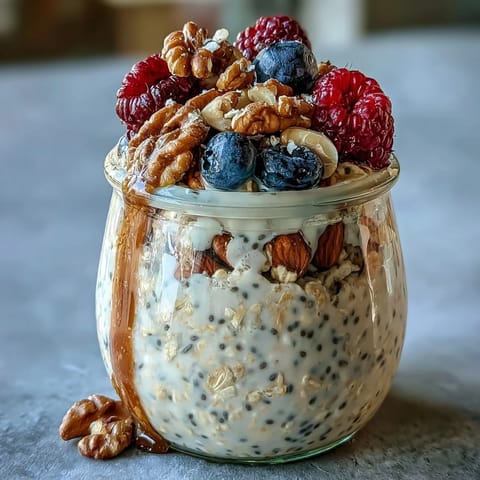 Creamy overnight oats topped with vibrant fresh berries and healthy seeds.