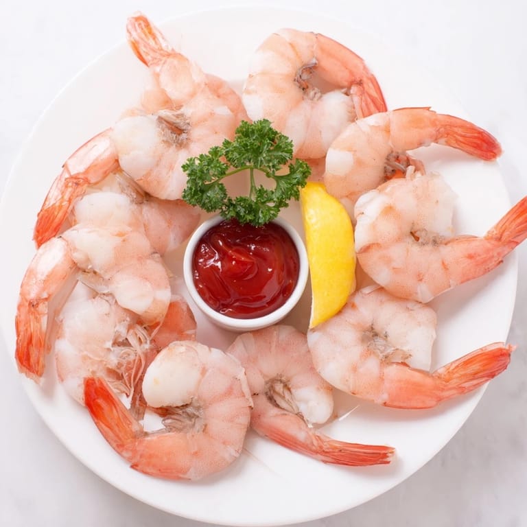 Brightly lit photo of chilled shrimp cocktail with lemon slices and a small bowl of homemade sauce.
