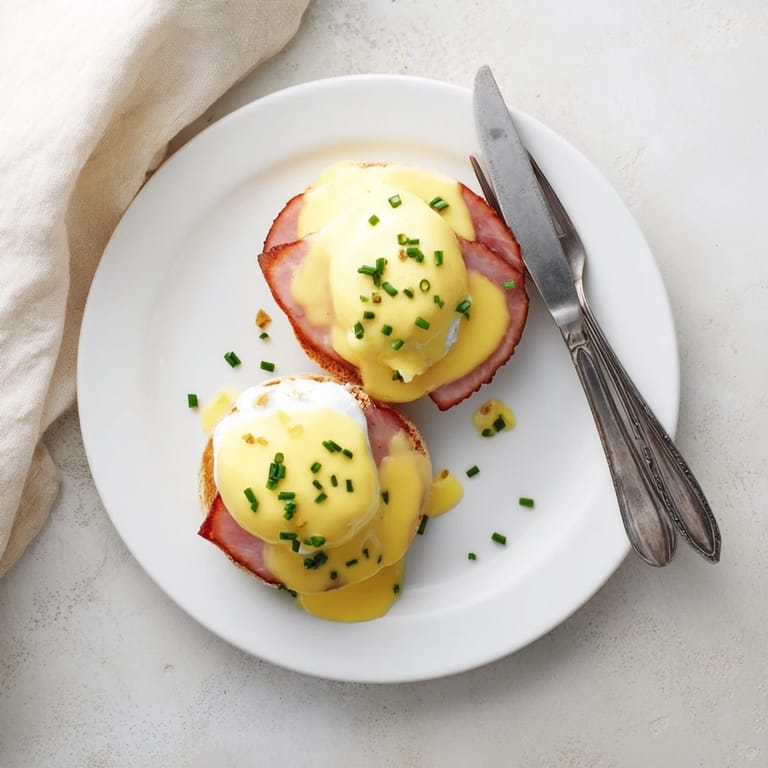 Overhead view of Eggs Benedict with runny yolks, Canadian bacon, and buttery English muffins.