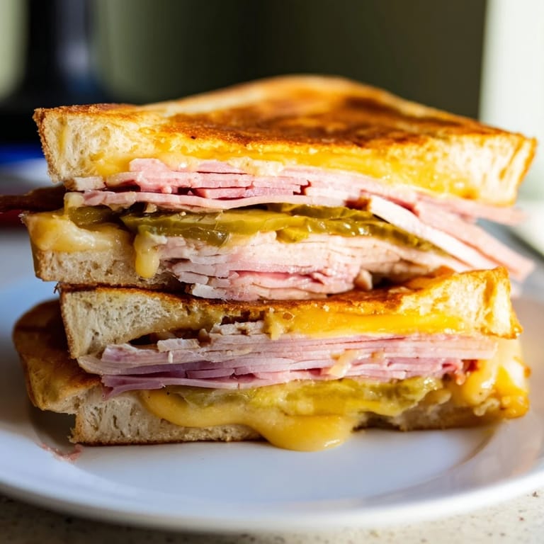 Freshly grilled Cuban sandwich sliced diagonally, revealing juicy roast pork, ham, and melted Swiss cheese with mustard.