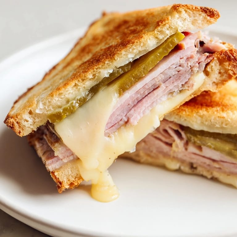 Hot Cuban sandwich on cutting board with melted cheese, pickles, and layers of roast pork and ham.