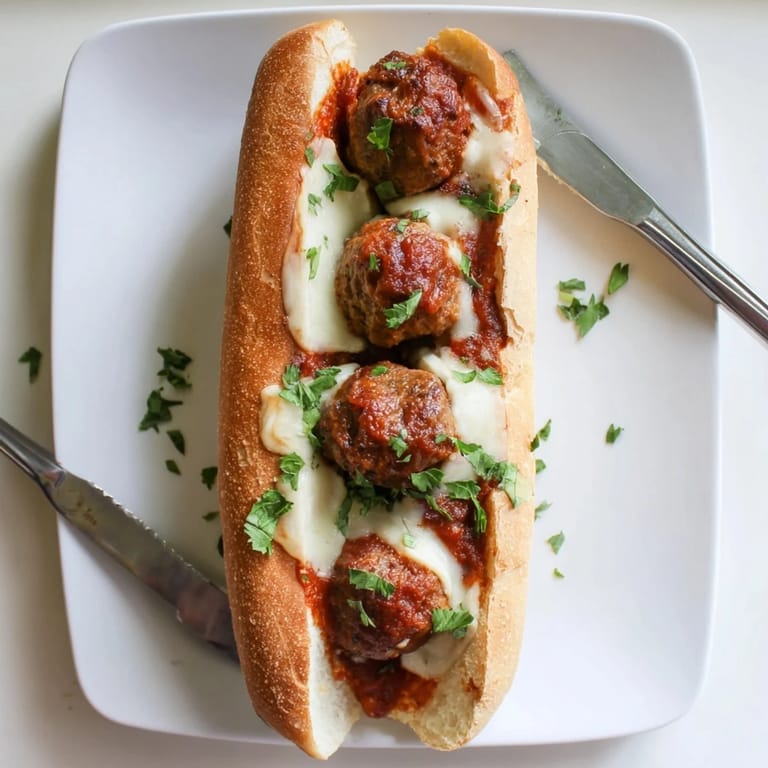 A freshly baked Meatball Sub is stuffed with saucy meatballs and gooey cheese on a soft roll.