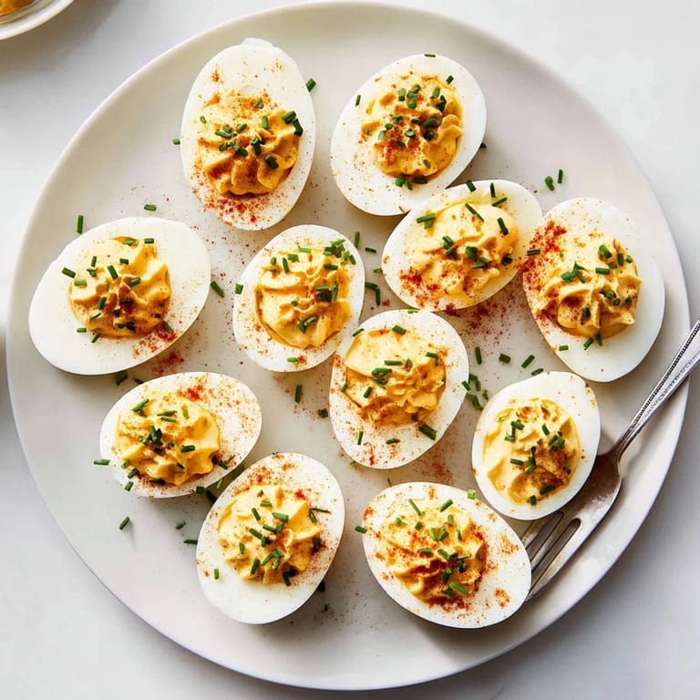 Classic American deviled eggs served as a savory appetizer for parties and gatherings.