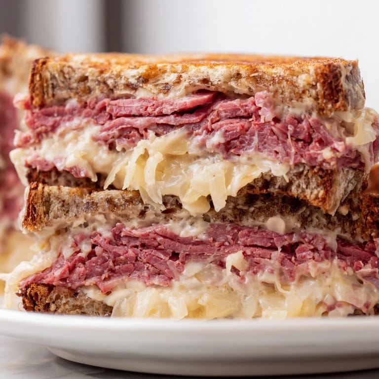 Close-up of a hot Reuben Sandwich with Russian dressing oozing from rye bread and melted Swiss cheese.