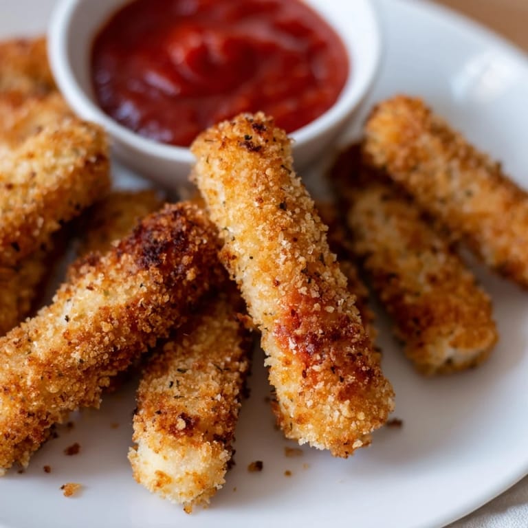 Golden Mozzarella Sticks on a platter with marinara dip, perfect appetizer for game day or family gatherings.