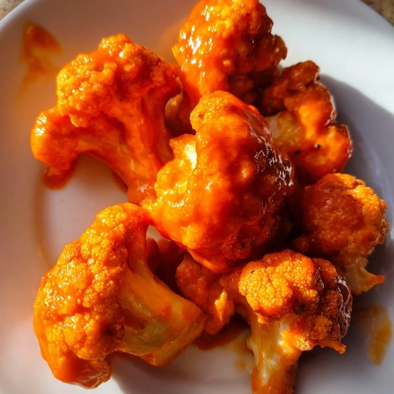 Crispy battered Buffalo Cauliflower Wings tossed in tangy hot sauce, ready to be served.