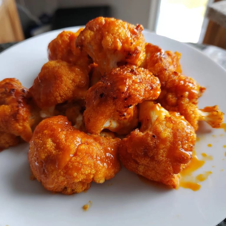 Oven-roasted Buffalo Cauliflower Wings served with crunchy celery sticks and creamy ranch dip.