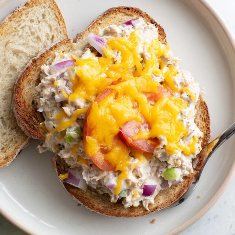 Homemade tuna melt open-faced sandwich with golden, bubbling cheddar, fresh tomato, and parsley on toasted bread.
