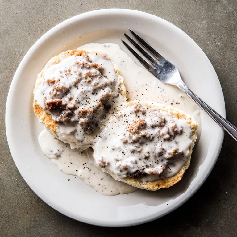 Warm homemade Biscuits and Gravy served steaming hot on a rustic wooden breakfast table.