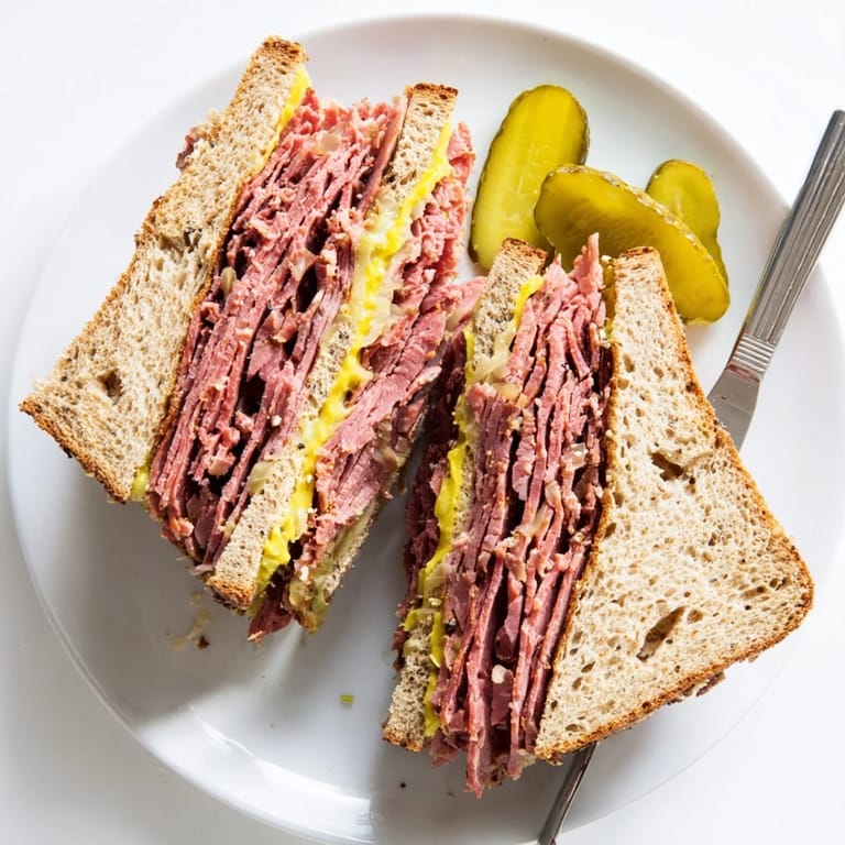 Classic deli style Pastrami on Rye sandwich stacked high with steaming meat and sharp mustard on fresh rye bread.
